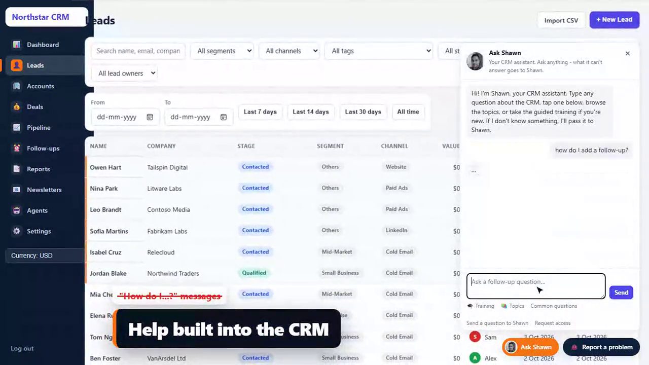 Ask Shawn assistant inside Tailr CRM