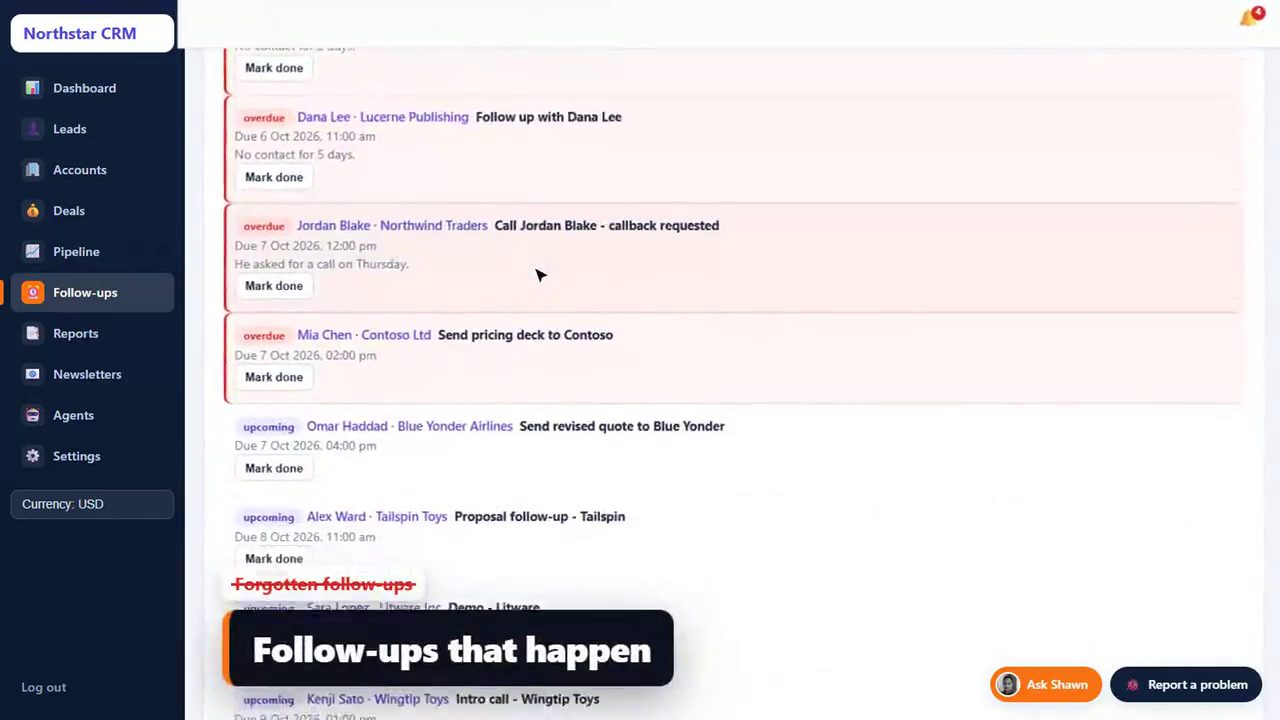Tailr CRM follow-ups list with overdue and upcoming tasks