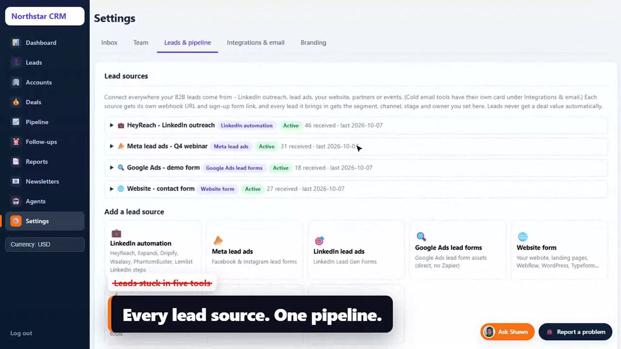 Tailr CRM lead sources: cold email, LinkedIn automation, website forms and webhooks