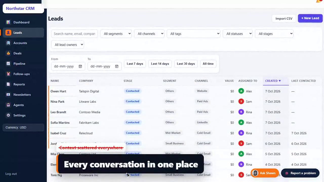 Tailr CRM leads list