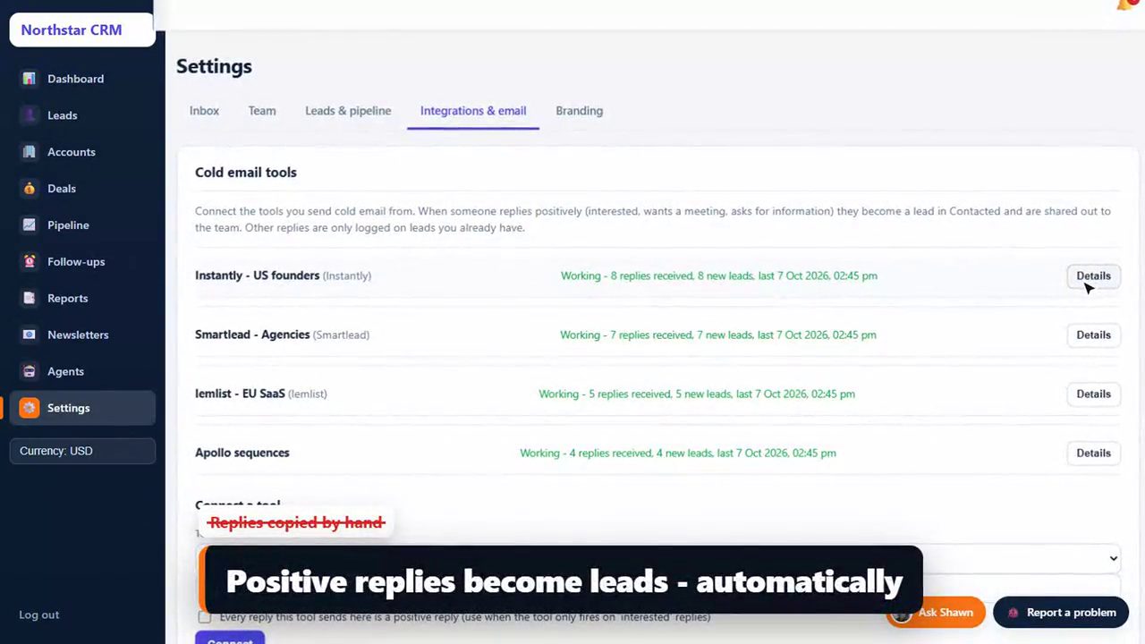 Tailr CRM settings showing Instantly, Smartlead, lemlist and Apollo connected